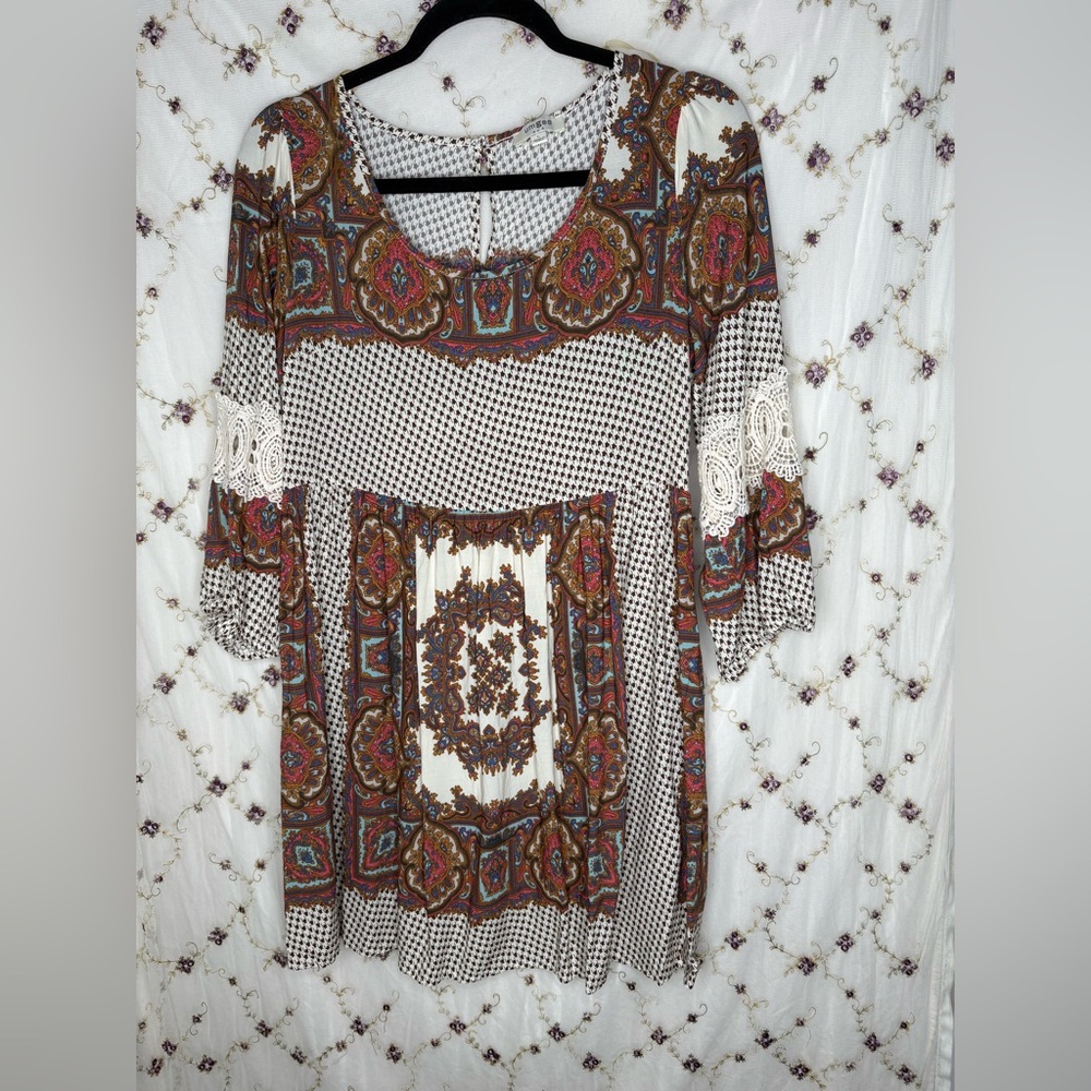 Umgee Cream Tunic with Brown, Rust and Teal Paisley Accents